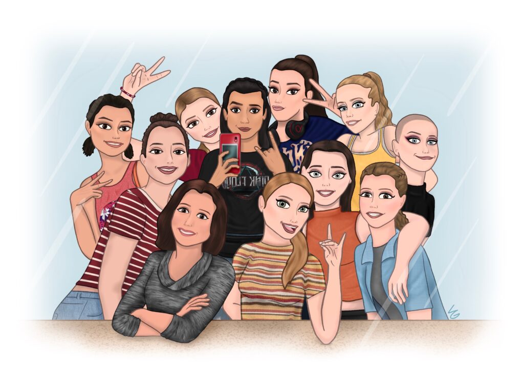 A graphic design illustration of ten members of the State Dance Company and their director Tara Mullins. They are bunched together, smiling, making the Wolfpack finger symbol and peace signs. 