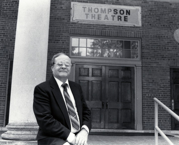 Charlie Martin, director of NC State's Thompson Theatre from 1973 to 1990, sitting outside the main entrance to the building. This photo apppeared in Technician on September 25, 1989.