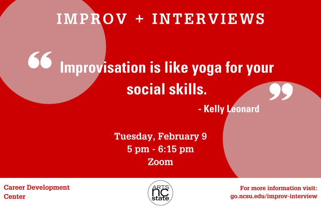 Graphic that says "Improv + Interviews Improvisation is like yoga for your social skills, says Kelly Leonard."