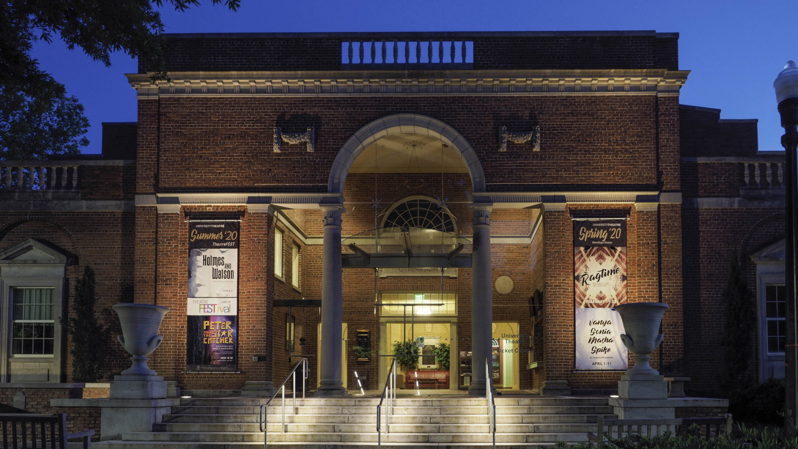 Frank Thompson Hall illuminated at night. Photo by Marc Hall.